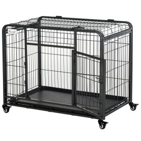 Metal Dog Crate 37" Heavy Duty Folding Kennel with Removable Tray Cover 4 Wheels Gray